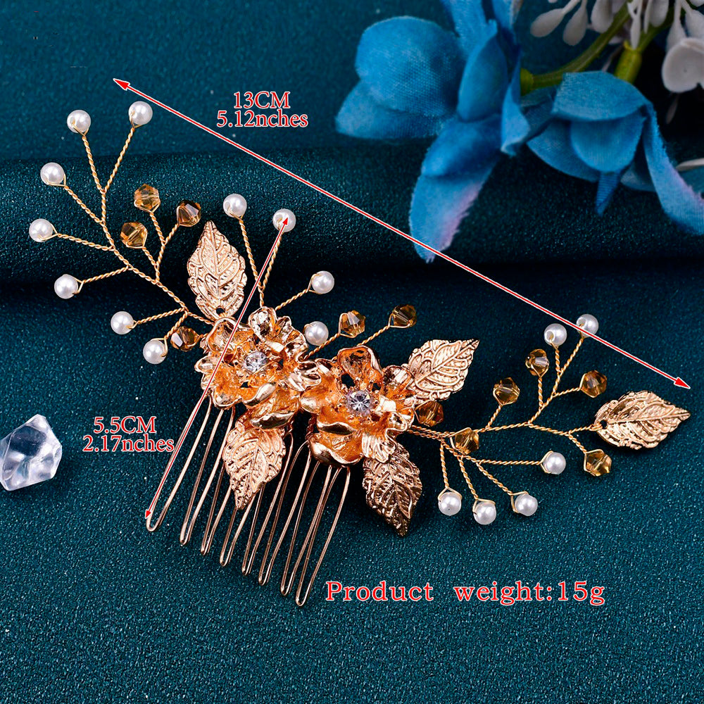 Luxury pearls gold leaf bridal comb