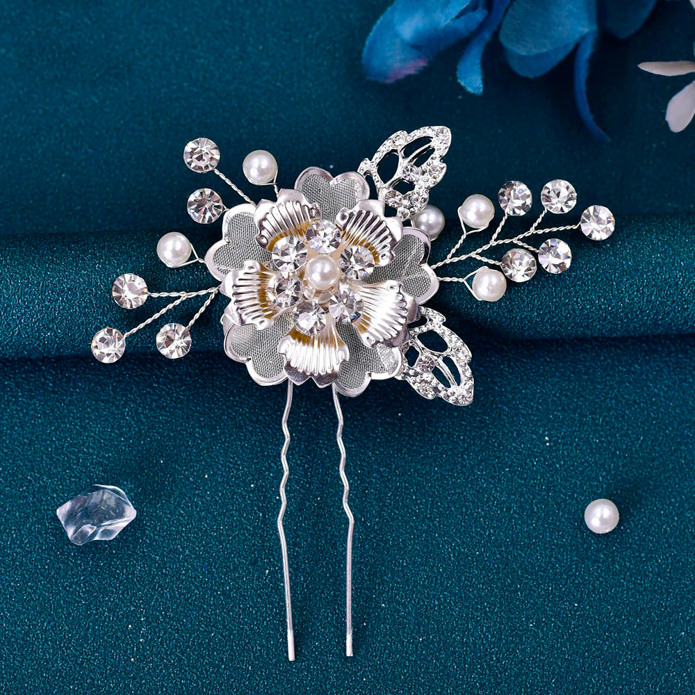 Elegant silver flower faux pearl hairpin for brides