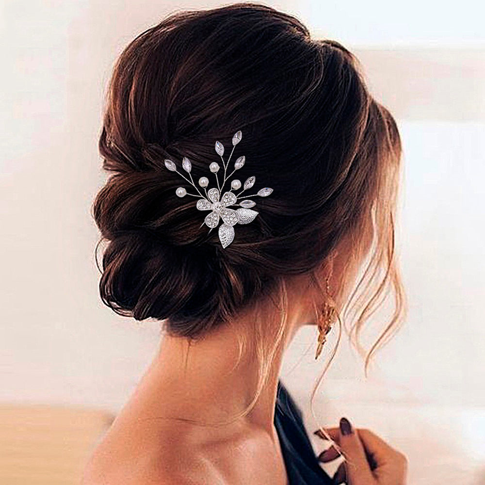 Elegant silver flower faux pearl hairpin for brides