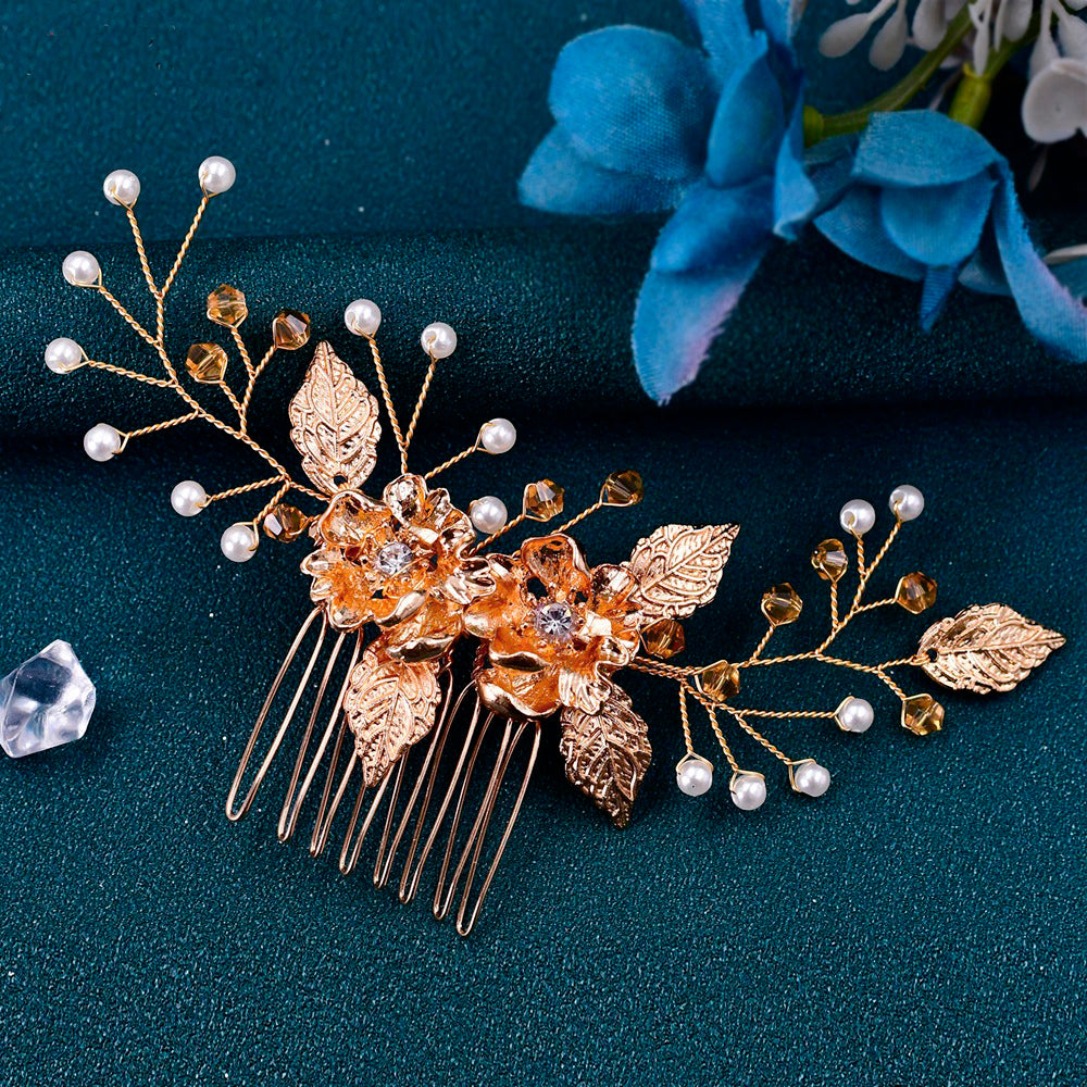 Luxury pearls gold leaf bridal comb