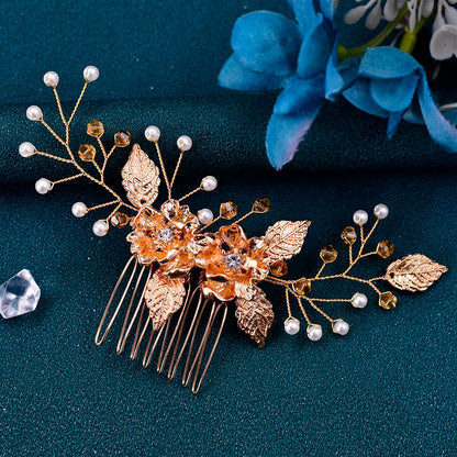 Luxury pearls gold leaf bridal comb