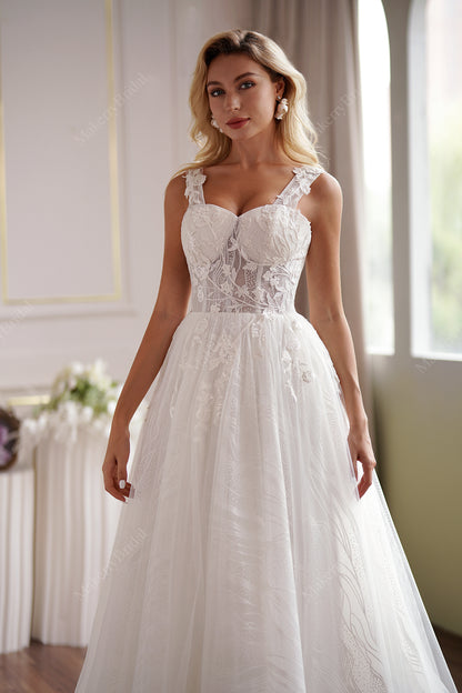 Romantic A-Line Lace Champagne Off-Shoulder Bridal Dress