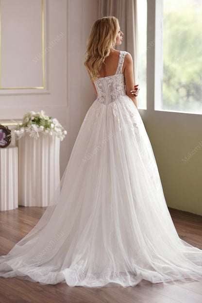 Romantic A-Line Lace Champagne Off-Shoulder Bridal Dress