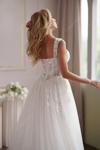 Romantic A-Line Lace Champagne Off-Shoulder Bridal Dress