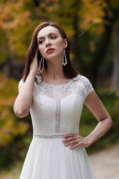 Cap sleeves chiffon bohemian wedding dress