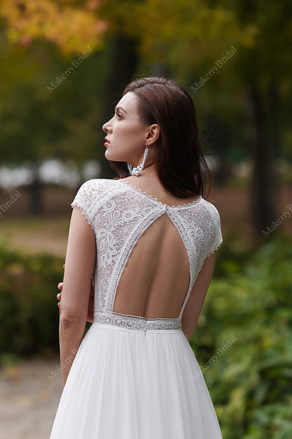 Cap sleeves chiffon bohemian wedding dress