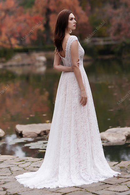 Romantic pink nude beach A-line wedding dress