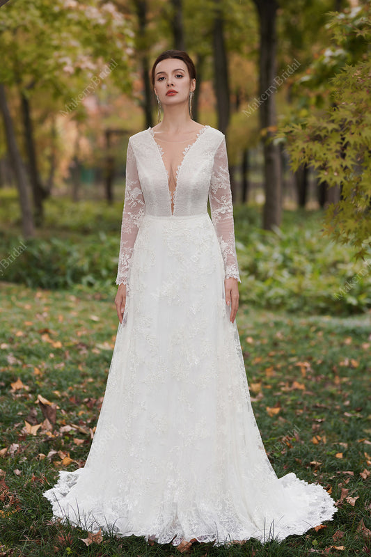 Romantic Floral Lace Beaded Bridal Gown With Long Sleeves