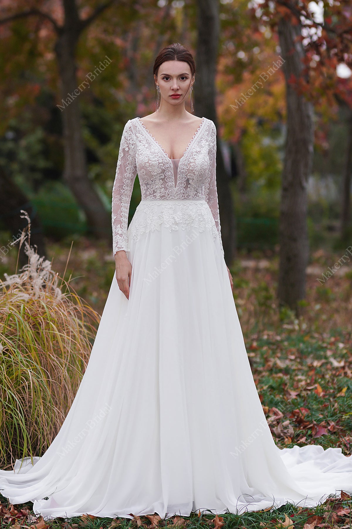 A-Line V-Neck Court Train Chiffon Wedding Dress