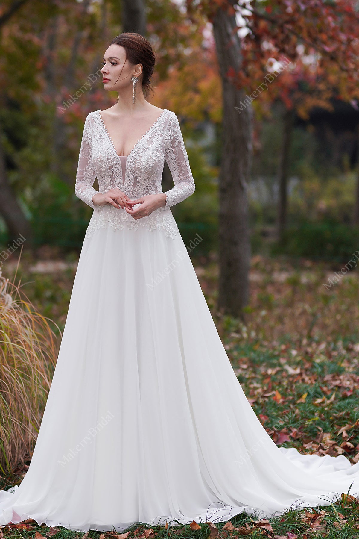 A-Line V-Neck Court Train Chiffon Wedding Dress