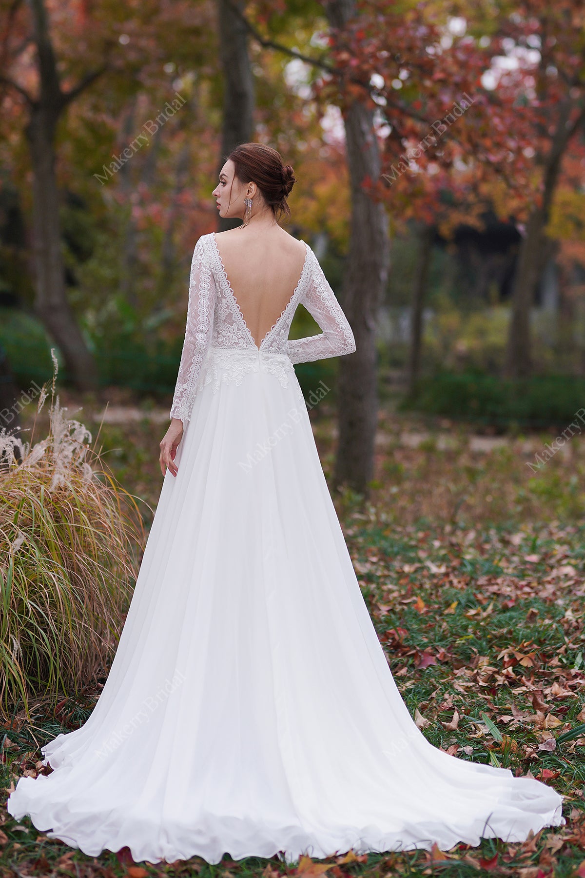 A-Line V-Neck Court Train Chiffon Wedding Dress