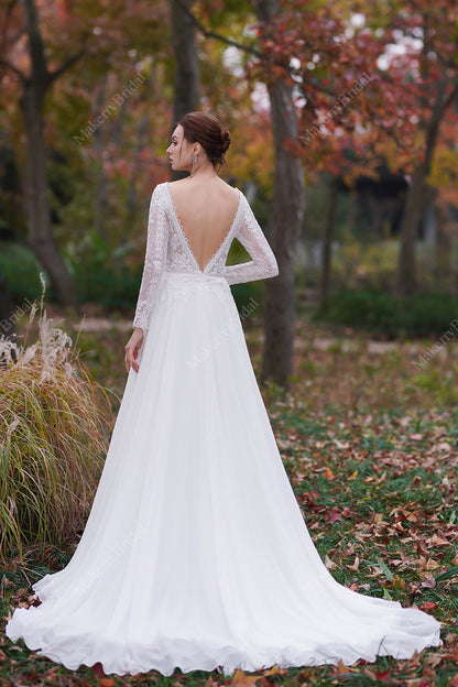 A-Line V-Neck Court Train Chiffon Wedding Dress