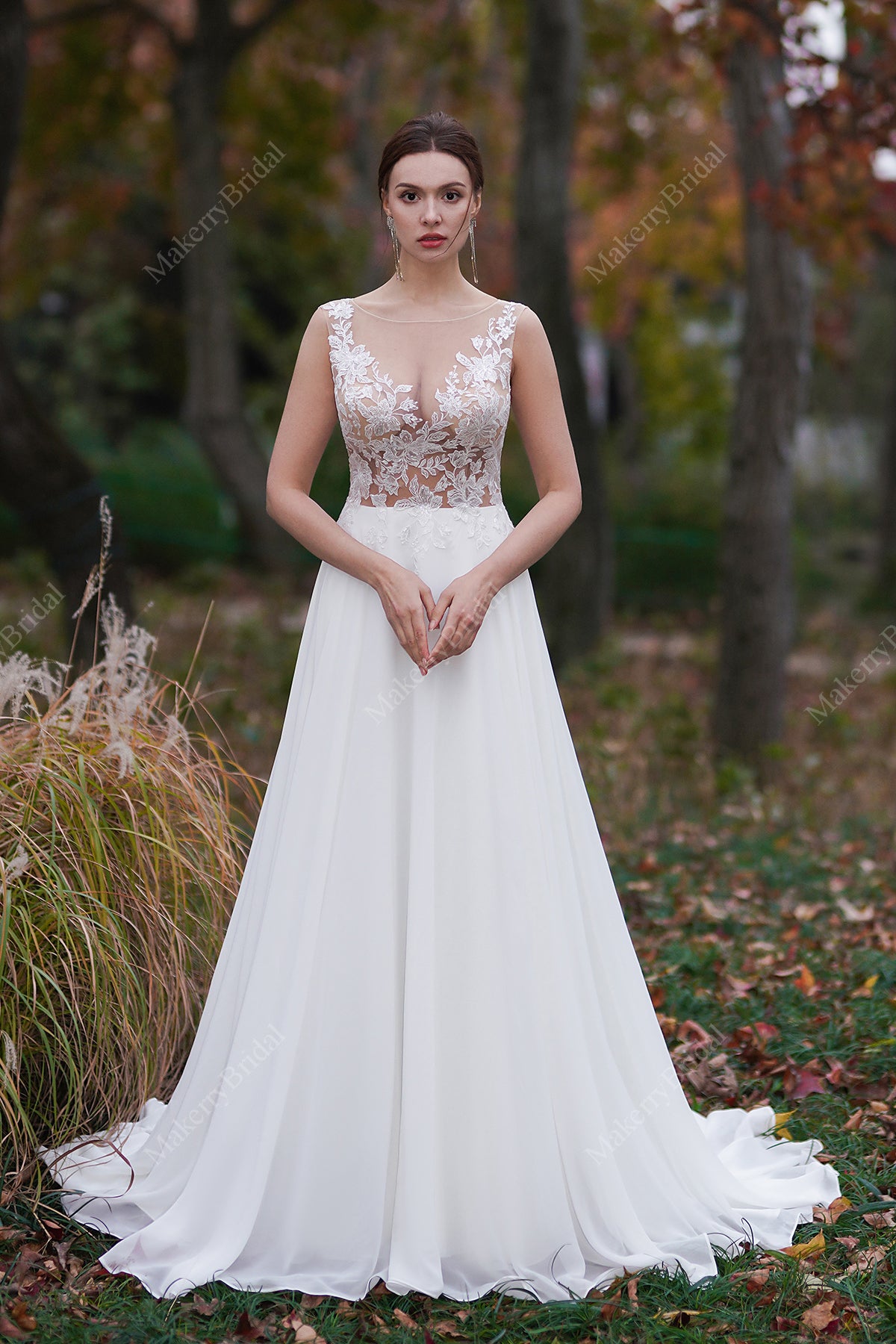 Sheer Lace Appliques Beach Wedding Dress