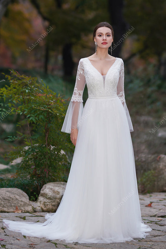 A-Line Boho Wedding Dress With Long Sleeves